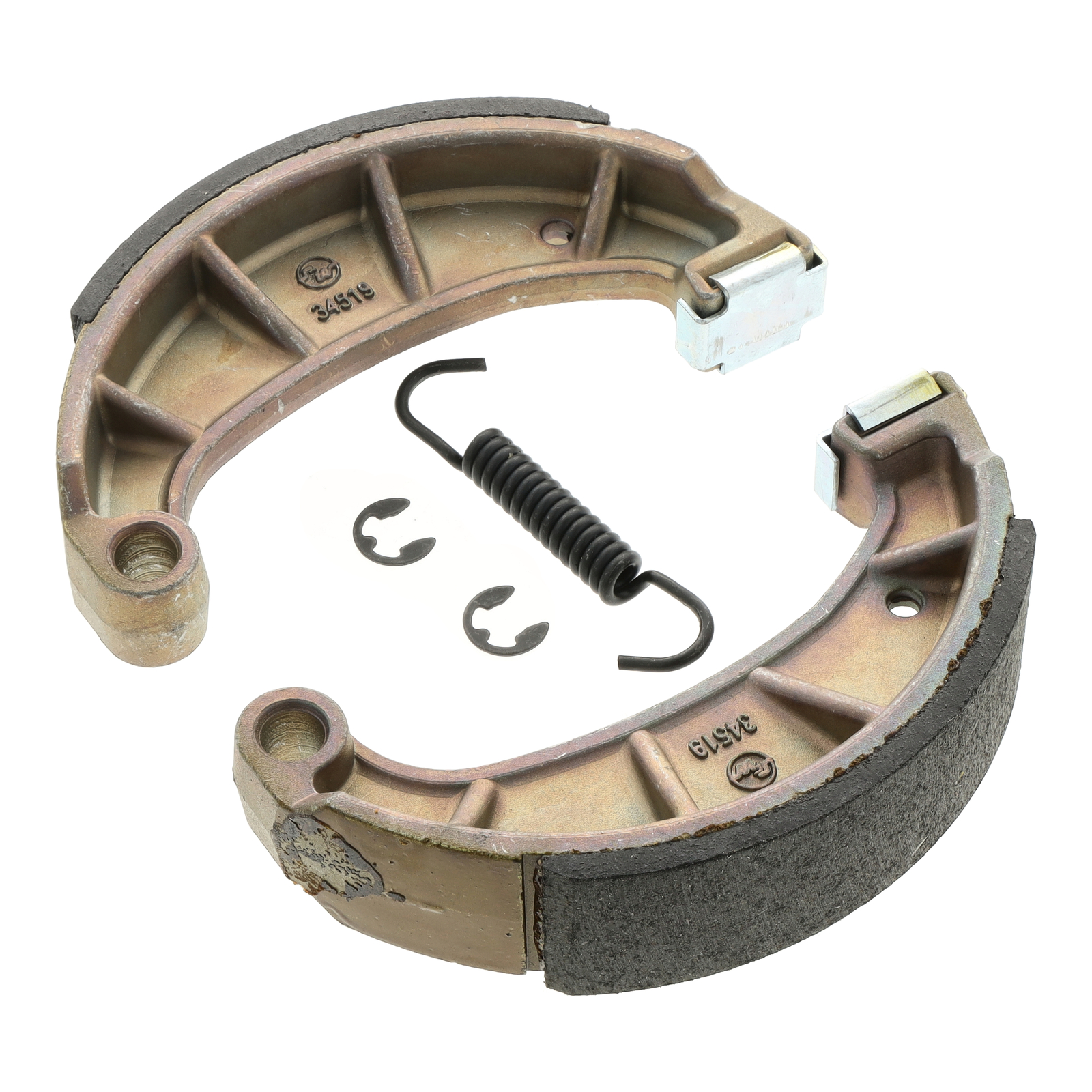 SET Bremsbacken ø124 mm - mit auswechselbarer Zwischenlage + Bremsbackenfeder, Sicherungsscheiben