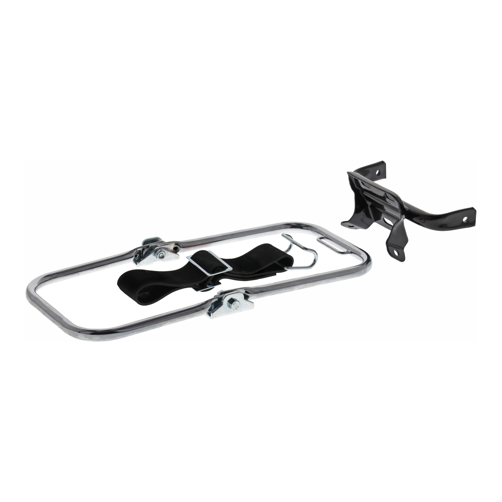 SET Gepäckträger komplett - langer Stützbügel, verchromt, Schutzblechhalter in schwarz, Riemen vollständig - für S50, S51, S70