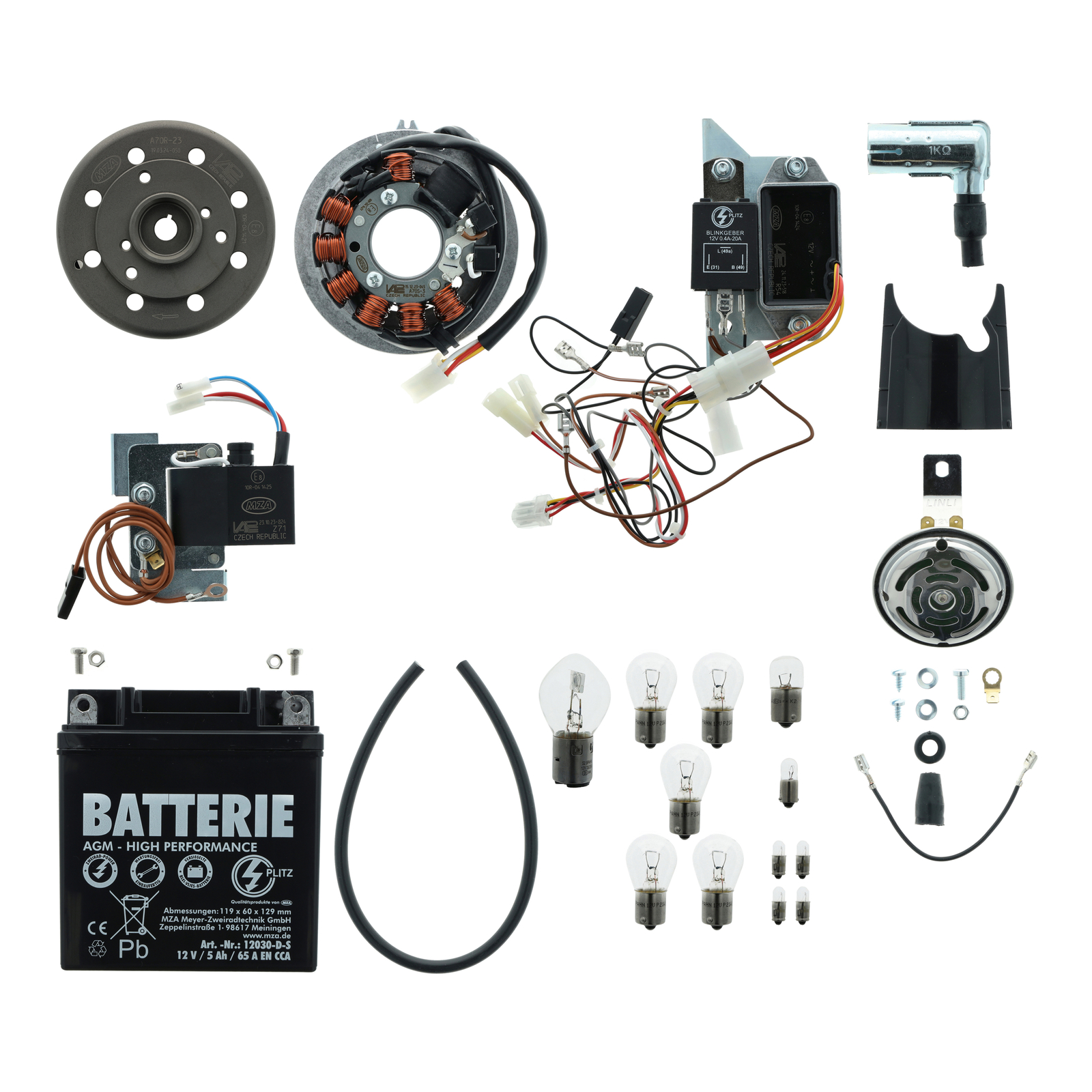 Umrüstsatz Zündanlage VAPE (M-G) S50, S51, S70 auf 12V 35/35W - mit Zubehör und Hupe mit Chromblende