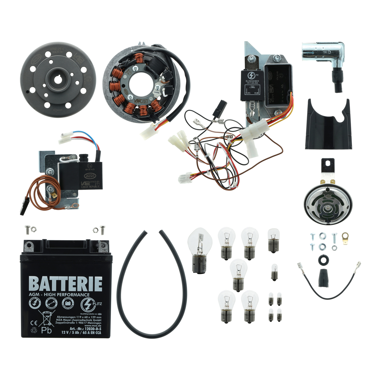 Umrüstsatz Zündanlage VAPE (M-G-V) S50, S51, S70 auf 12V 35/35W - mit Zubehör und Hupe mit Chromblende